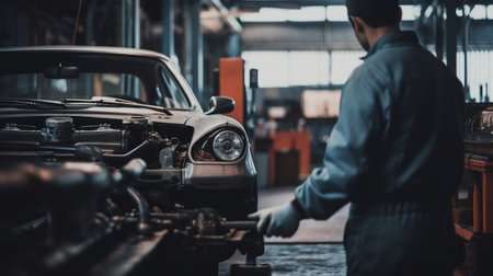 Car mechanic repairing a car in auto repair shop. Auto service industry.の素材