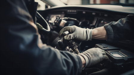 Car mechanic working with a wrench in a car repair service. Auto mechanic.の素材