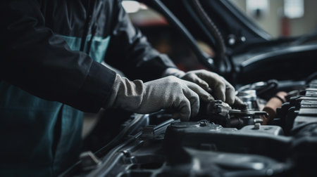 Auto mechanic working in auto repair service. Mechanic repairing a car in auto repair shop.の素材