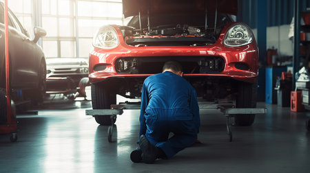 mechanic repairing a car in a car repair service station.の素材