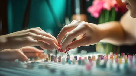 Close-up of female hands working on mixing console in beauty salonの素材