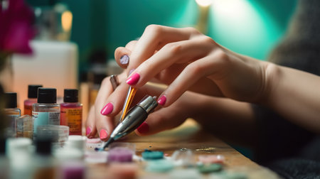 Closeup of female hands painting nails with nail polish in beauty salonの素材