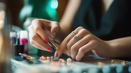 Close up of female hands with manicure. Woman applying nail polish.の素材