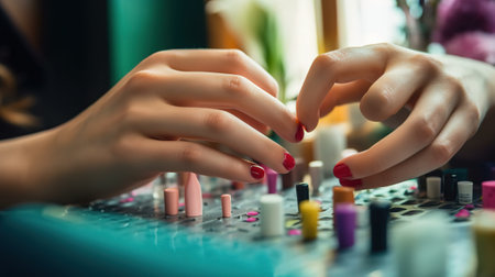 Closeup of female hands with red manicure working on sound mixer consoleの素材