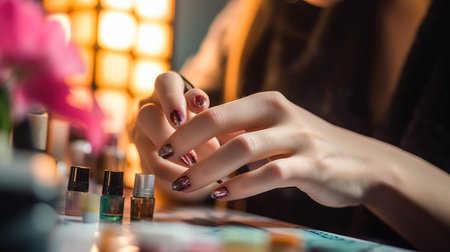 Manicures and pedicures. Female hands with red manicure.の素材