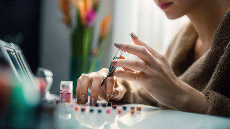 Close up of woman hands with manicure and nail polish. Beauty and fashion concept.の素材