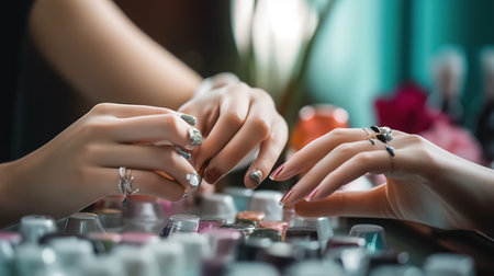 Closeup photo of female hands with beautiful manicure. Manicure conceptの素材