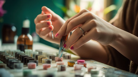Closeup of female hands with manicurist doing manicure in beauty salonの素材