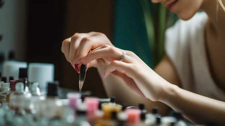 Close-up of a young woman applying nail polish on her nailsの素材