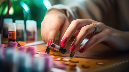 Close up of female hands with red nail polish making manicure.の素材