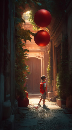 Little boy in a red dress with a red ball in the old townの素材