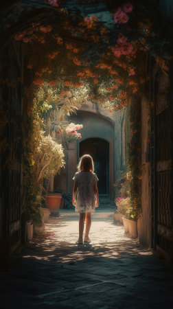 Little girl with long hair in a white dress walks through the old streets of the city.の素材