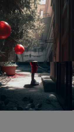 A little boy in a red cap plays with red balloons in the streetの素材