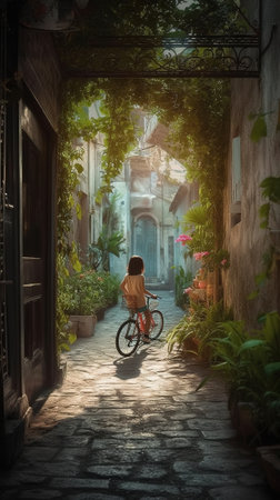Woman riding a bicycle in the old town of Bali, Indonesiaの素材