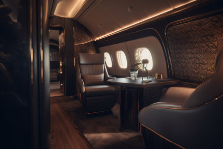 Interior of airplane with seats and armchairs. 3d renderの素材