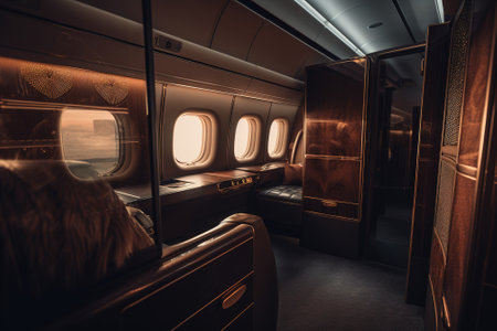 Interior of airplane with seats and window view. Airplane interiorの素材