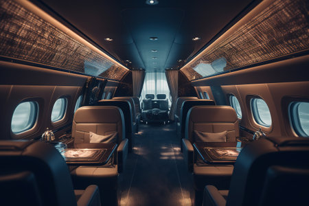 Interior of airplane with seats and window. 3d render.の素材