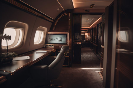 Interior of a private jet. Airplane interior with empty seatsの素材