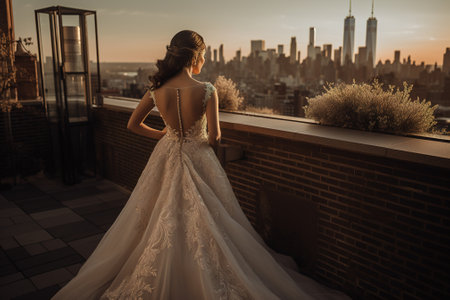 Beautiful bride posing on the roof of a skyscraper with a view of the cityの素材