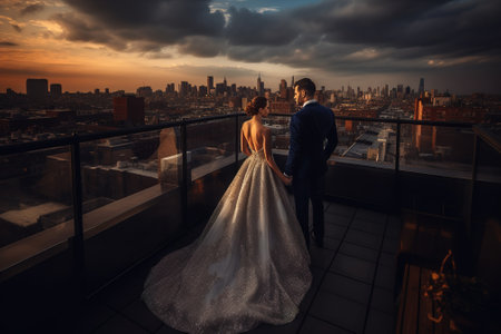 Wedding couple on the roof of a skyscraper in New Yorkの素材