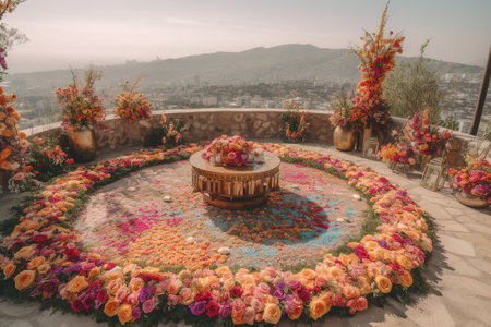 Wedding table with flowers on the roof of the house. Wedding ceremonyの素材