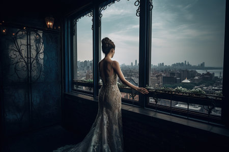 Beautiful bride in a long white dress stands by the window overlooking the cityの素材