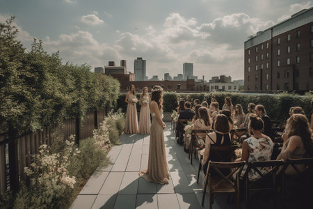 Wedding day. Bride and bridesmaids on the background of the cityの素材