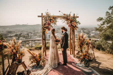 Beautiful wedding couple celebrating their wedding day in a rustic styleの素材