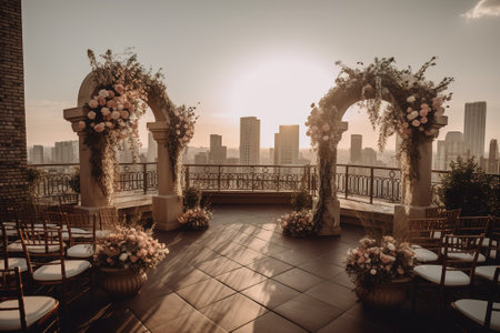 Wedding arch decorated with flowers on the terrace at sunsetの素材