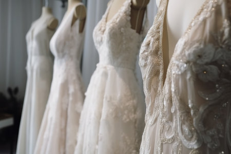 Wedding dresses in a bridal salon. Wedding dress.の素材
