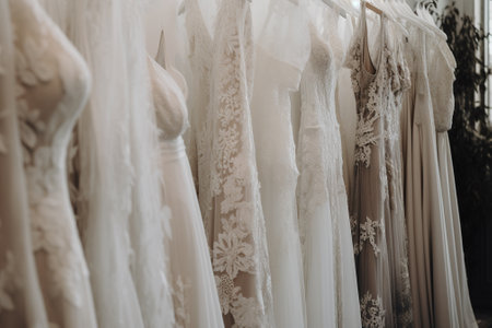 Beautiful wedding dresses hanging on the hanger in the shop.の素材