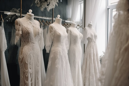 Wedding dresses on a hanger in a bridal salonの素材