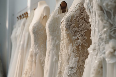 Wedding dresses on the hangers in the shop. Wedding dress.の素材