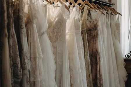 wedding dress hanging on a hanger in the room.の素材
