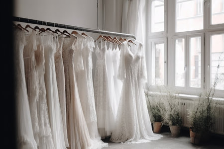Wedding dress hanging on a hanger in the room.の素材