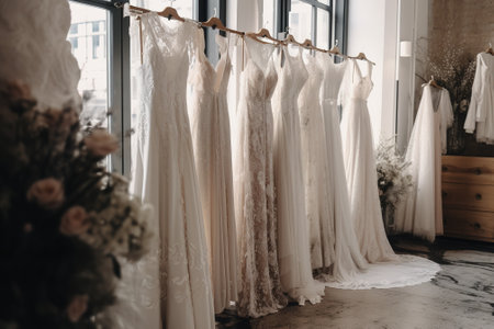 Wedding dress hanging on a hanger in a wedding salonの素材