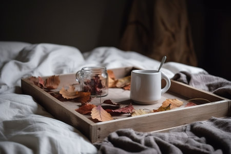 Cup of coffee on wooden tray with autumn leaves in bed in the morning.の素材