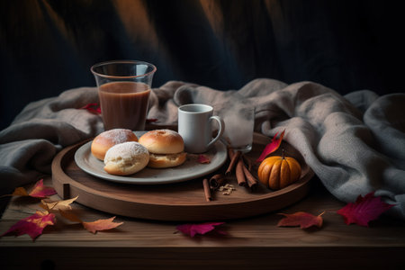 Autumn still life with cup of coffee, donuts and pumpkin on wooden trayの素材