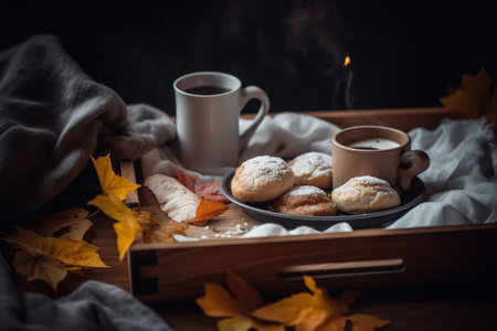 Coffee and cookies in a wooden tray on a dark backgroundの素材
