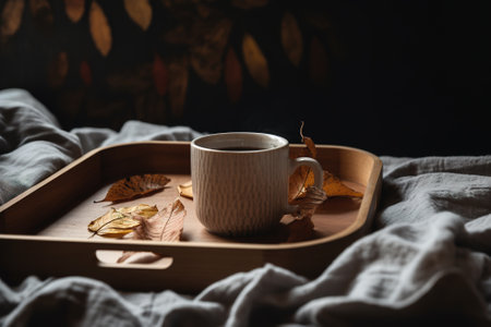 Coffee cup and autumn leaves on wooden tray in bed.の素材