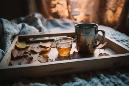Cup of tea and autumn leaves on wooden tray. Cozy home interior.の素材