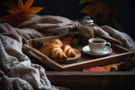 Breakfast in bed with coffee, croissants and autumn leavesの素材