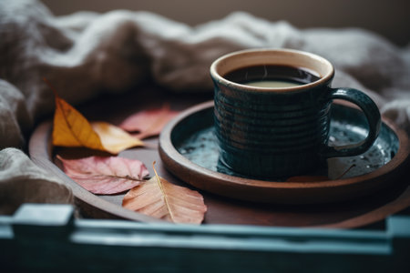 Cup of coffee and autumn leaves on a wooden tray. Selective focus.の素材