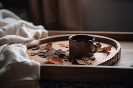 Cup of coffee on wooden tray with autumn leaves in bed.の素材