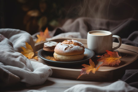 Cup of coffee and pancakes on a wooden tray with autumn leavesの素材