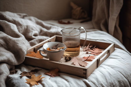 Cup of tea and autumn leaves on a tray in the bedの素材