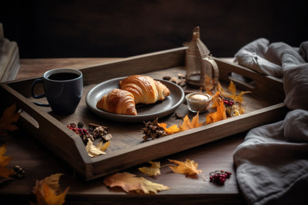 Coffee, croissants and autumn leaves on wooden trayの素材