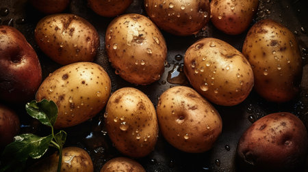 Fresh potatoes with water drops on a black background. Toned.の素材