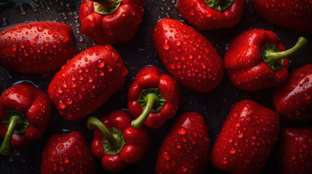 Red bell pepper with water drops on a black background. Top view.の素材