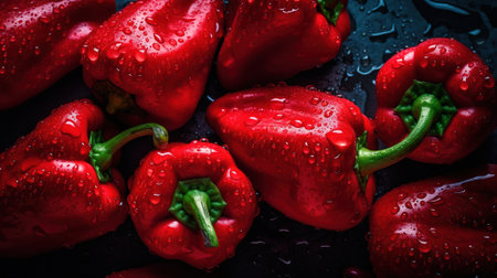 Red bell pepper with water drops on a black background. Toned.の素材